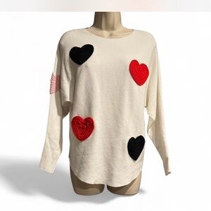 Aaeda Cream Heart Applique Sweater Crochet Heart Valentine Knit Pullover Small